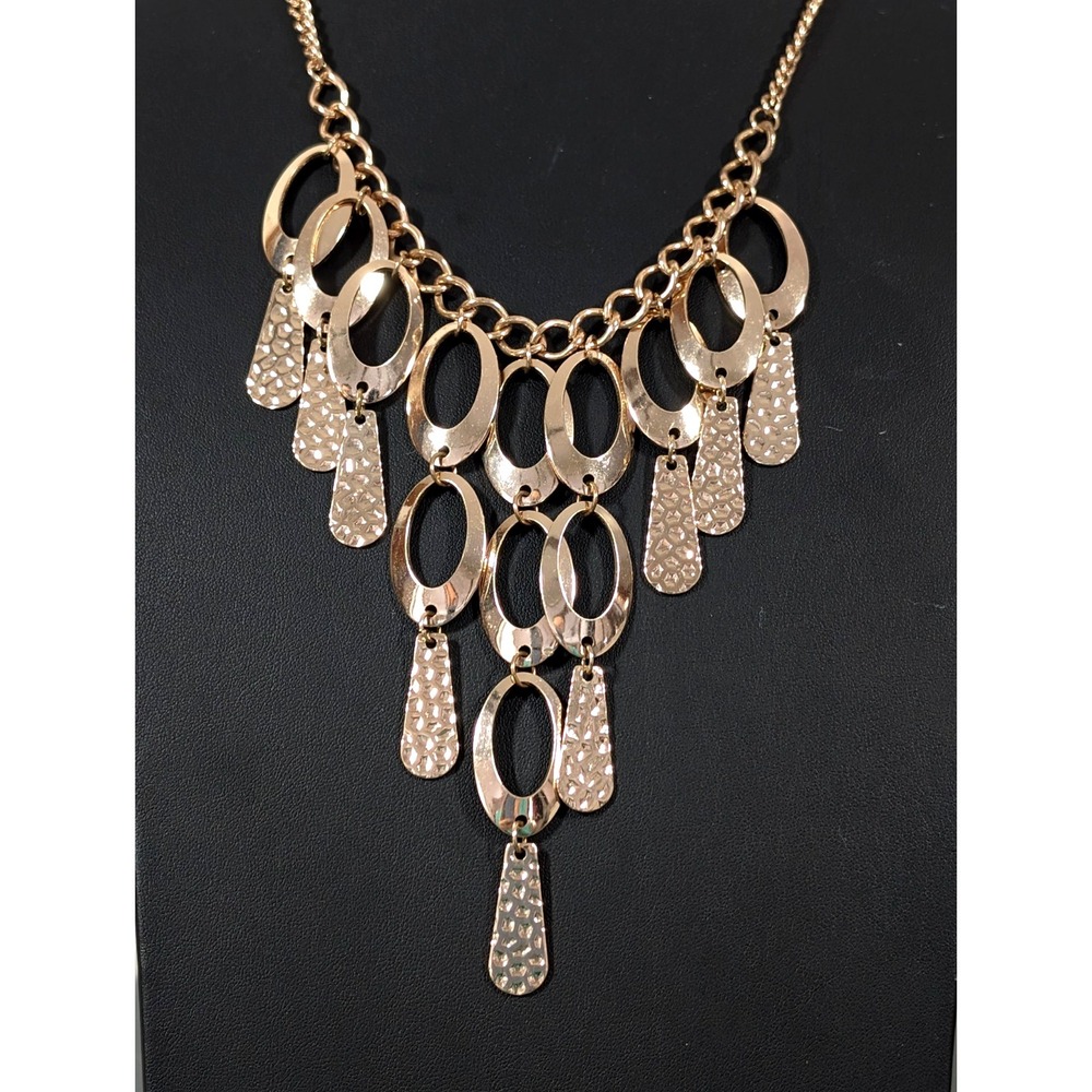 Cato Gold Tone Hammered Oval Bib Necklace‎ Statement Elegant Retro 22 in